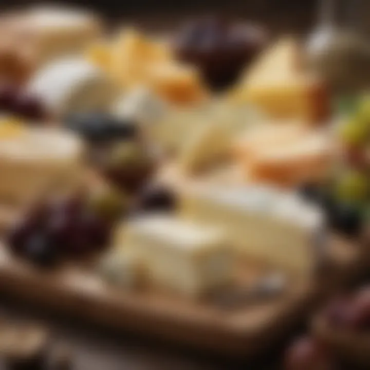 An assortment of gourmet cheeses alongside artisanal bread and olives.