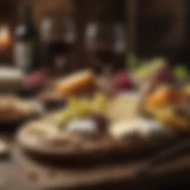 An elegant cheese board set on a rustic table, surrounded by wine and decorative elements.
