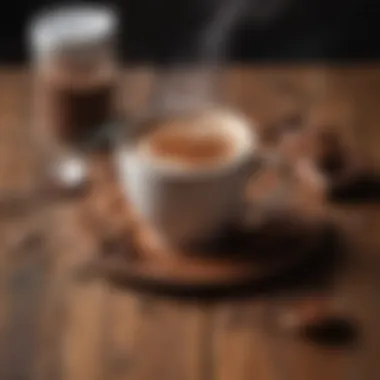 Aromatic Mocha Experience A steaming cup of mocha on a rustic wooden table with cocoa powder scattered