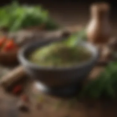 A mortar and pestle with various herbs for seasoning