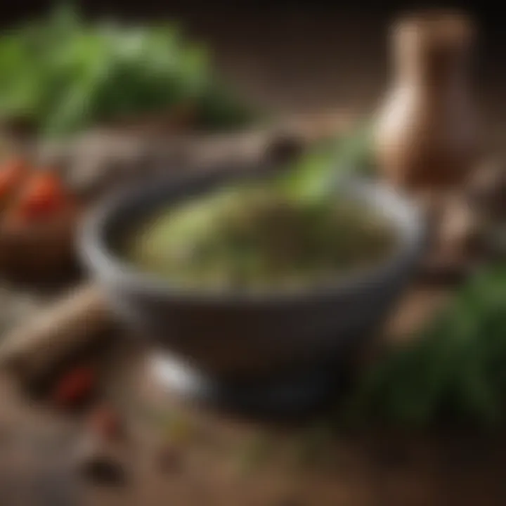 A mortar and pestle with various herbs for seasoning