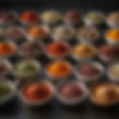 A selection of spices for steak seasoning displayed in small bowls