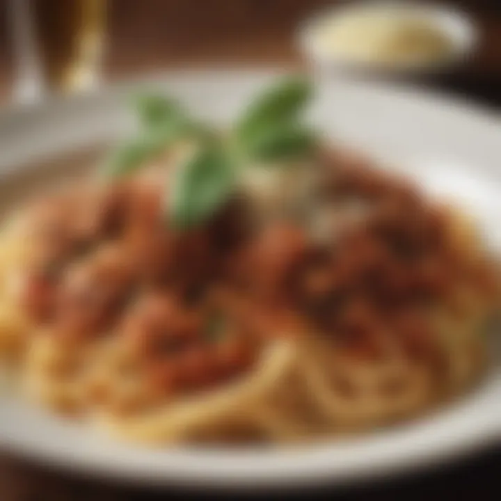 A beautifully plated spaghetti bolognese garnished with parmesan and herbs