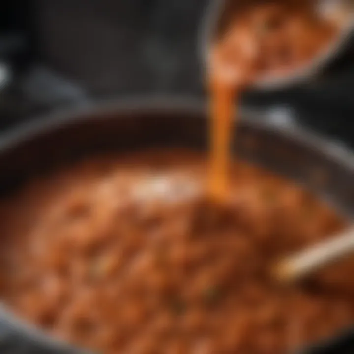 A close-up of a bubbling pot of bolognese sauce simmering on the stove
