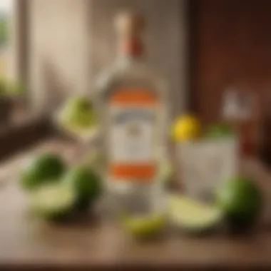 A close-up of Cointreau bottle next to fresh limes and tequila