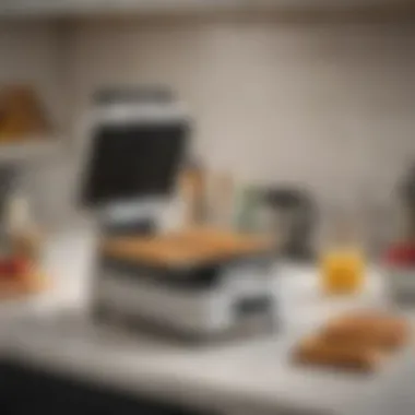 An organized kitchen countertop featuring the Cuisinart Single Waffle Maker among other kitchen appliances.