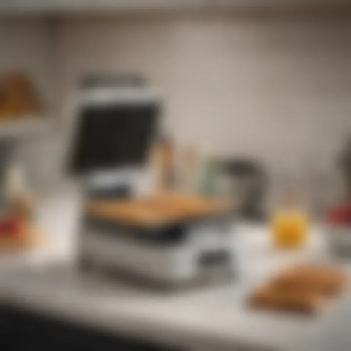 An organized kitchen countertop featuring the Cuisinart Single Waffle Maker among other kitchen appliances.