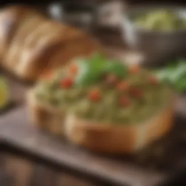 A colorful pesto spread on artisan bread with toppings