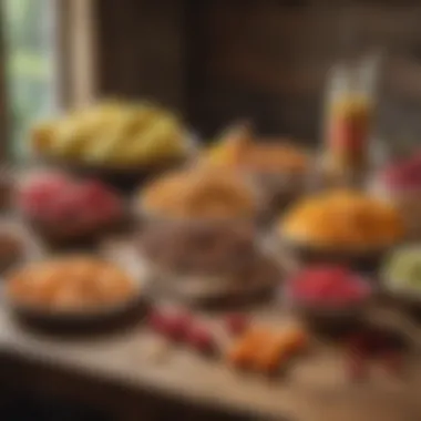 A vibrant assortment of nutritious snacks displayed on a rustic wooden table.