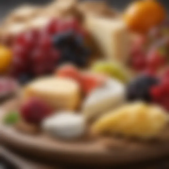 A close-up of gourmet cheeses paired with fresh fruits and artisanal crackers