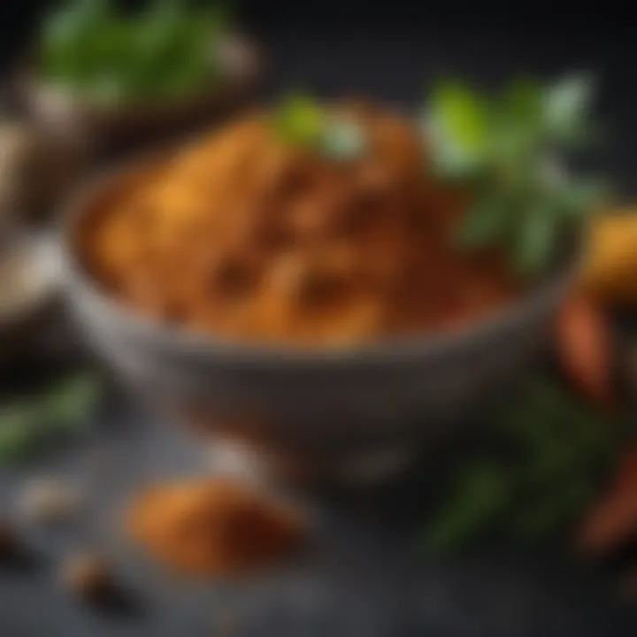 A close-up of curry powder in a decorative bowl with fresh herbs and vegetables