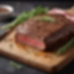 Juicy beef steak resting on a cutting board with herbs