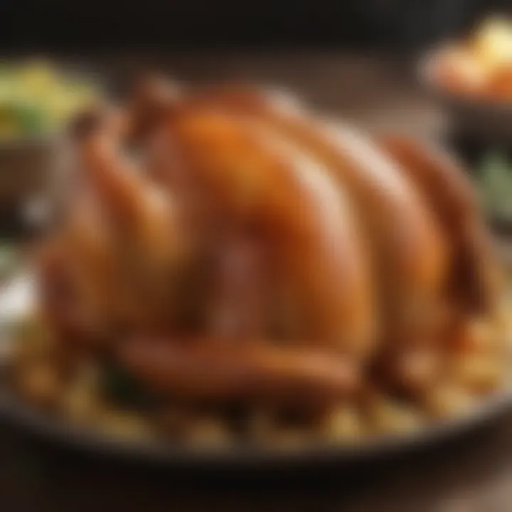 Luscious roasted chicken with golden skin on a platter