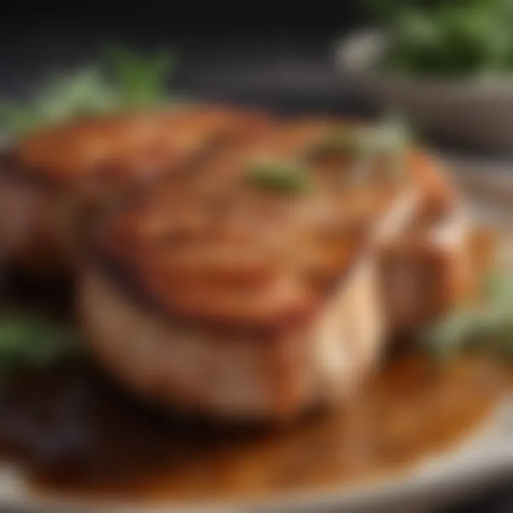 Succulent pork chops garnished with fresh rosemary