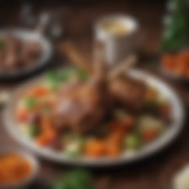 Tender lamb shanks surrounded by seasonal vegetables