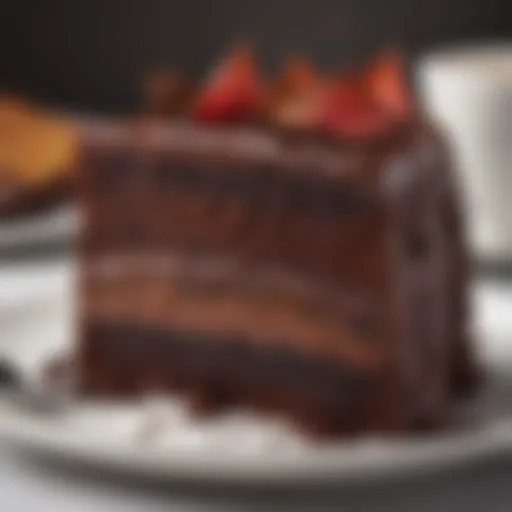 A rich slice of Devils Food Cake showcasing its moist texture and dark chocolate layers