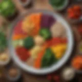 Colorful plate of diabetic-friendly foods including vegetables and grains