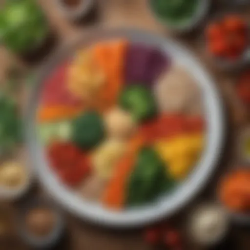Colorful plate of diabetic-friendly foods including vegetables and grains