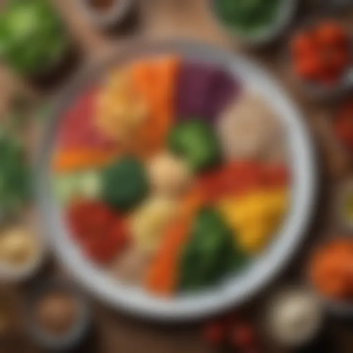 Colorful plate of diabetic-friendly foods including vegetables and grains