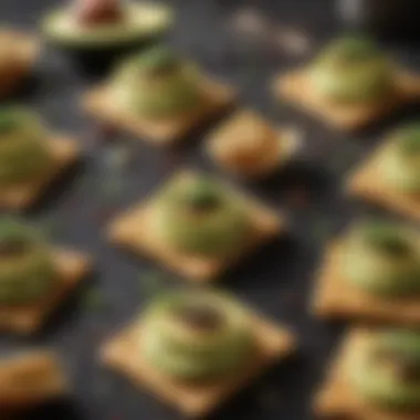 A delicious spread of whole grain crackers topped with avocado and herbs, beautifully presented.