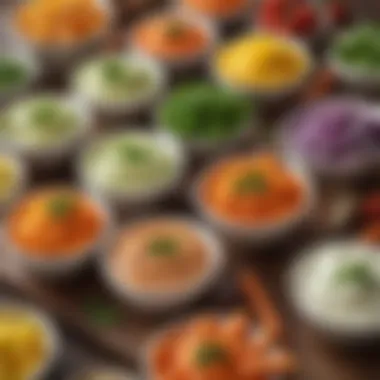Healthy Vegetable Dips Selection An elegant display of vegetable sticks with a variety of healthy dips in small bowls.