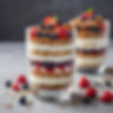 A refined arrangement of yogurt parfait layered with granola and fresh berries in a clear glass.