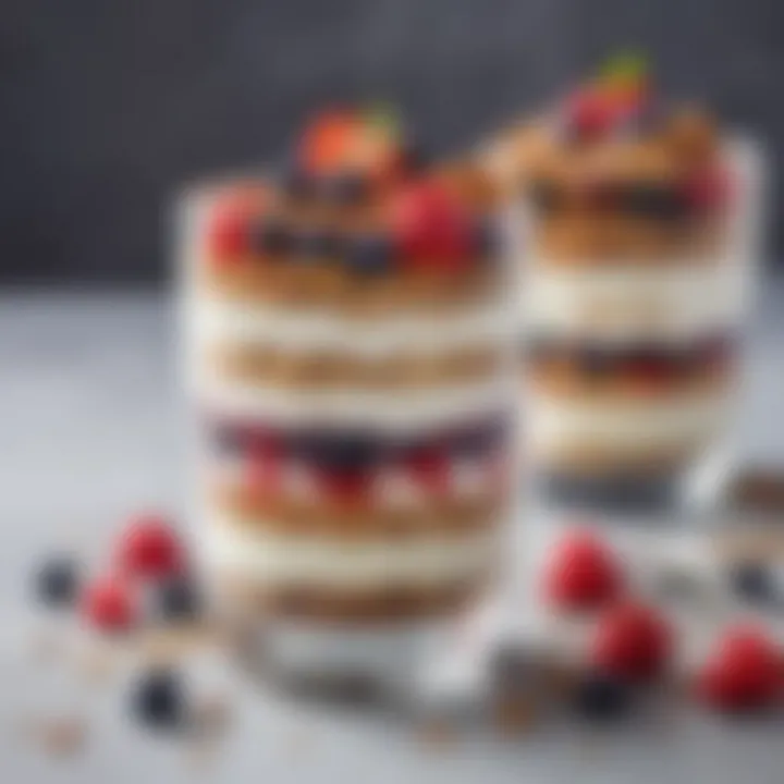 A refined arrangement of yogurt parfait layered with granola and fresh berries in a clear glass.