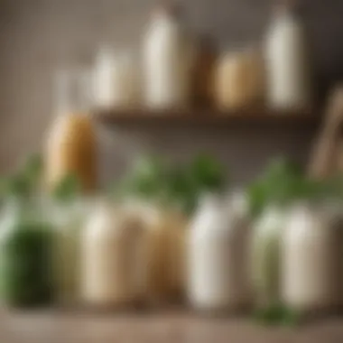 Diverse Plant-Based Milk Alternatives A variety of plant-based milk alternatives displayed in glass jars