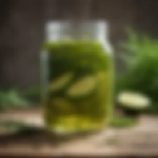 A close-up of a glass jar filled with vibrant dill pickle juice surrounded by fresh dill herbs.