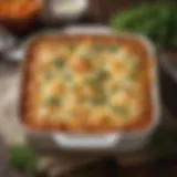 A delicious baked casserole topped with cheese and herbs