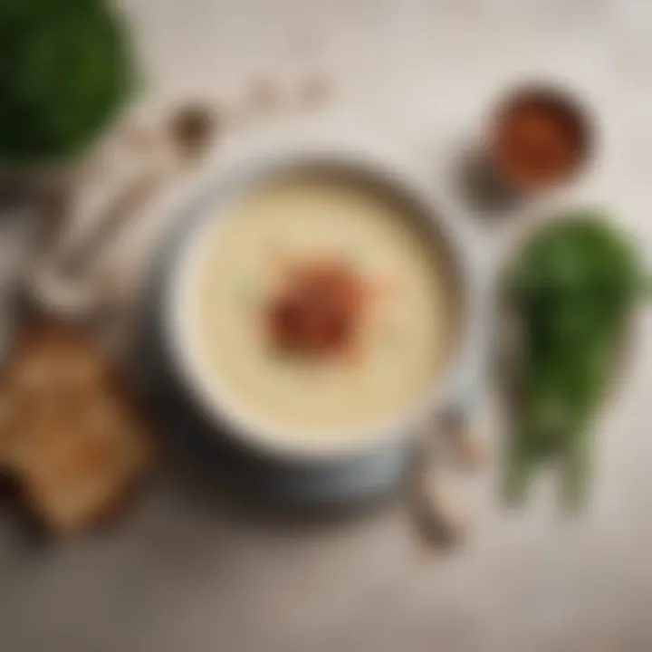 A hearty bowl of creamy cauliflower soup garnished with chives and crispy bacon bits.