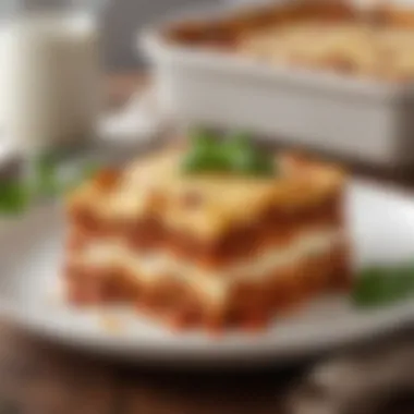Baked Lasagna Presentation Baked lasagna served on a plate with basil garnish