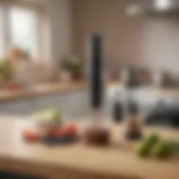 A sleek electric hand blender on a kitchen countertop showcasing its modern design.