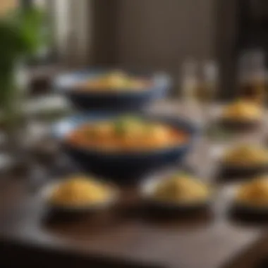 Elegant Table Setting with Ceramic Bowls An elegant table setting featuring ceramic bowls alongside gourmet pasta dishes