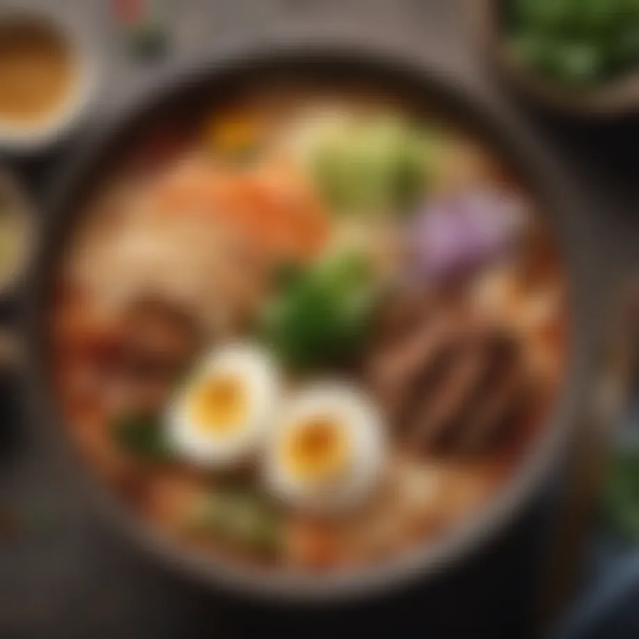 A vibrant bowl of ramen adorned with fresh toppings and herbs