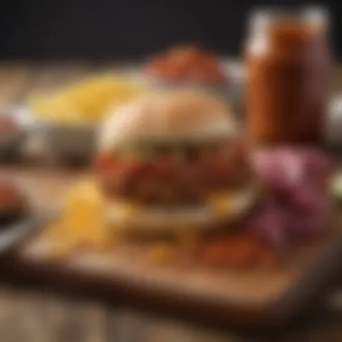 Array of ingredients for making sloppy joes displayed on a wooden board