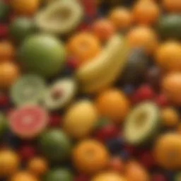 A vibrant assortment of potassium-rich fruits including bananas, avocados, and oranges