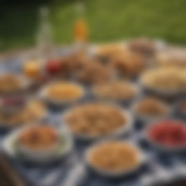 An assortment of gourmet snacks and beverages laid out for a picnic