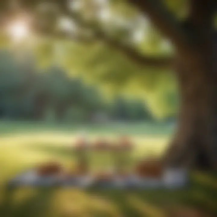 A serene park setting featuring a picnic setup under a tree