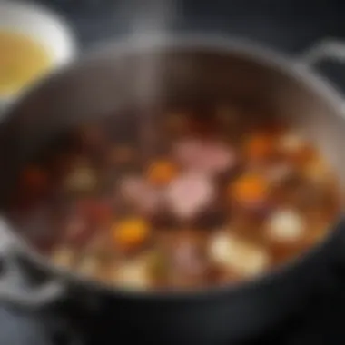 Simmering Ingredients Transforming into Savory Broth A pot simmering with beef broth ingredients