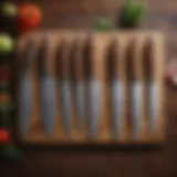 An array of essential kitchen knives displayed on a wooden cutting board