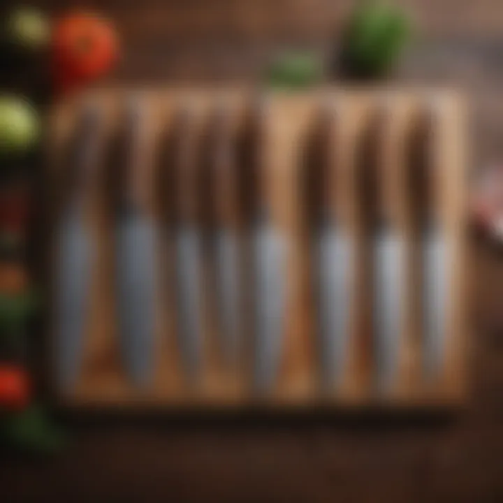 An array of essential kitchen knives displayed on a wooden cutting board