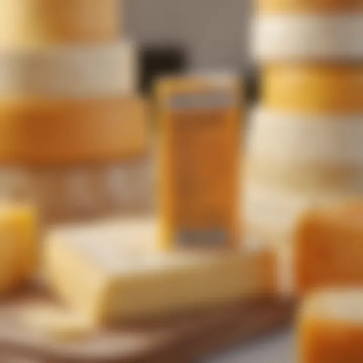 A close-up of cheese with nutritional labels highlighting fat and carbohydrate content.