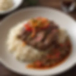 Vibrant plated dish of pepper steak with aromatic rice, garnished with herbs