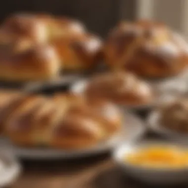 Fresh baked goods including pastries and bread, essential to a Mediterranean breakfast.