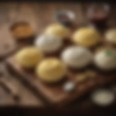 Various fufu types displayed on a rustic wooden table.