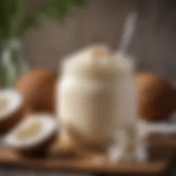 A creamy coconut cream alternative in a jar with fresh coconuts in the background.