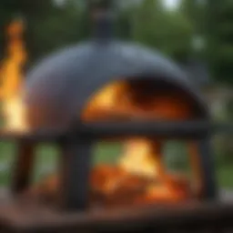 Backyard propane pizza oven glowing with flames