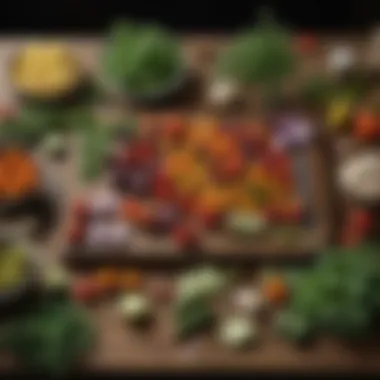 Fresh Ingredients Celebrating Flavor and Health A vibrant selection of fresh vegetables and herbs displayed on a rustic wooden table.