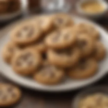 A plate of chocolate chip cookies surrounded by ingredients